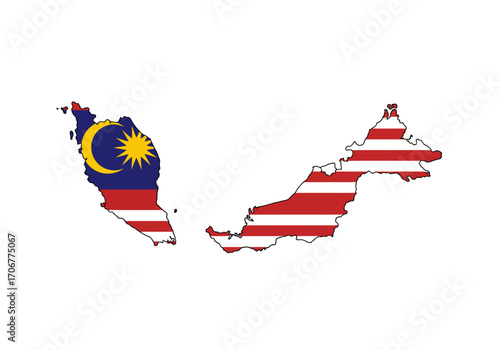 The image shows the map of Malaysia in the colors of the national flag
