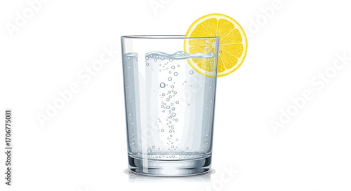 Realistic vector illustration of a refreshing glass of sparkling mineral water with bubbles, garnished with a fresh lemon slice