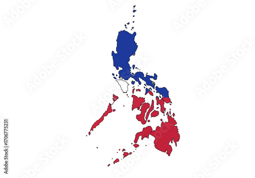 The Philippines archipelago colored blue and red is outlined in black against a white background