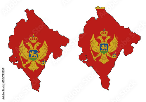 Two Montenegro maps with flag colors  coat of arms one with a gold border