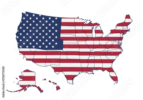 USA map overlaid with US flag design stars stripes including Alaska and Hawaii on white