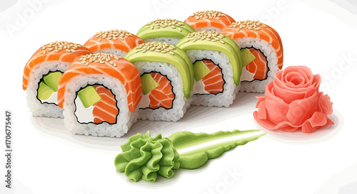 Delicious set of Japanese sushi rolls including Philadelphia and avocado maki with fresh salmon, served with wasabi and ginger on a white background