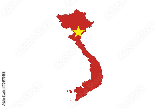 Vietnam map filled with red featuring a yellow star in the northern region on a white background