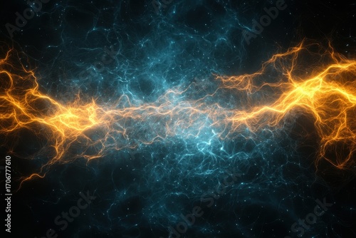A vibrant digital depiction of electric energy, featuring contrasting blue and orange hues, representing movement and dynamism in a cosmic backdrop.