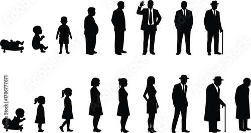 Silhouettes of Human Life Stages from Infant to Elderly Male and Female Figures Aging Progression Vector Illustration Set