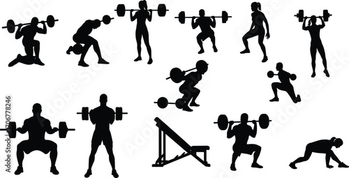 Silhouettes of Men and Women Exercising with Barbells, Performing Gym Workouts, Squats, Lunges, Strength Training, and Weightlifting Poses