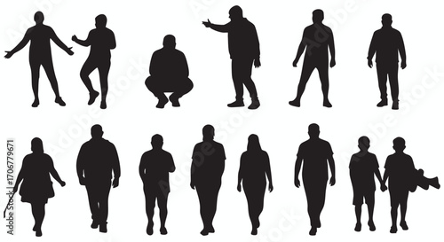 Set of diverse human figures with different body types and poses, a versatile silhouette vector illustration for population concepts.