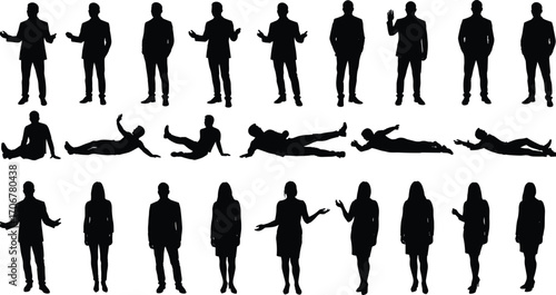 Silhouettes of Men and Women Standing, Talking, Gesturing, and Lying in Business and Casual Poses for Presentation or Design Use