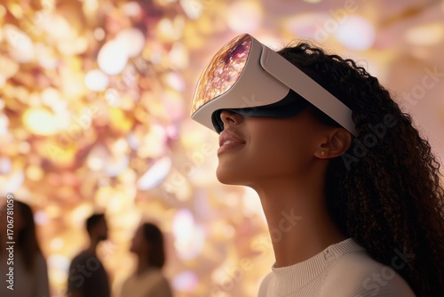 A woman experiences virtual reality with a VR headset, immersed in a colorful, abstract environment, showcasing the future of technology and interaction.