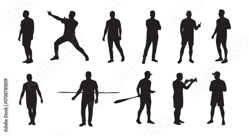 Diverse Poses Man Silhouette Vector Illustration Active Men Collection, Set of Male Figures in Various Silhouettes Depicting Different Activities