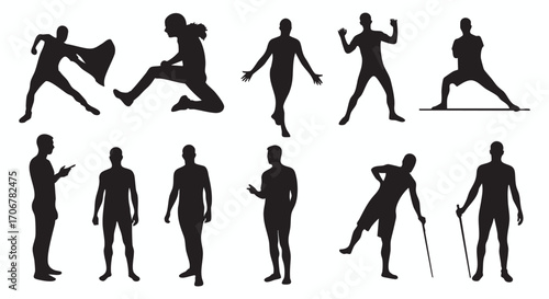 Collection of diverse human figures in various poses and actions, a dynamic silhouette vector illustration set for designs.