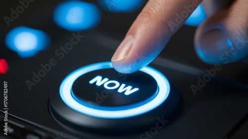 Pressing the glowing 'NOW' button, signifying action and immediate decision
