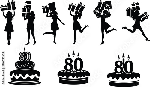Silhouettes of women carrying gift boxes with 80th birthday cakes, celebration, party, festive design, vector illustration, holiday concept.