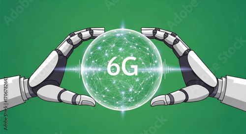 A vibrant illustration depicts robotic hands holding a glowing sphere representing 6G technology. EPS Vector