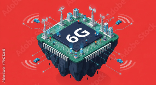 A vibrant illustration depicts 6G technology as a floating microchip island, showcasing its interconnectedness with cities, people, and vehicles. EPS Vector