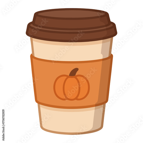 Takeaway paper coffee cup with lid and carton sleeve designed pumpkin. Pumpkin spice latte hot drink to go. Flat vector illustration isolated on white background.