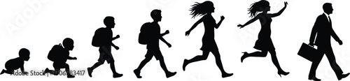 Silhouettes showing human life stages from baby to businessman, walking, running, growth, development, progress, evolution, vector illustration concept.