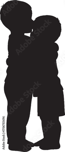 Silhouette of Two Children Hugging, Affectionate Kiss