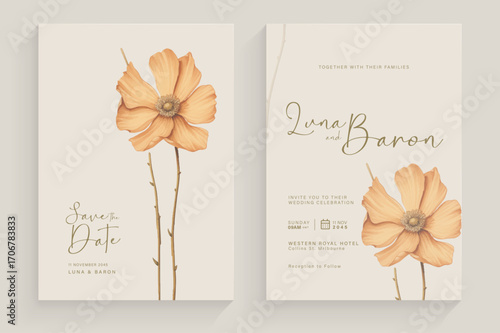 Aesthetic Wedding Invitation Tempate with Vintage Orange Flower Arrangement