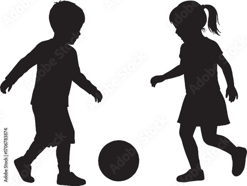 Kids Playing Soccer Silhouettes, Boy and Girl with Ball Vector