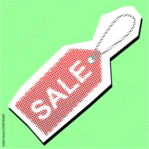Sale tag halftone dotted collage element pointillize in paper torn vector. A striking design for retail, promotions, and e-commerce. Combines a classic symbol with a modern, textured art style.