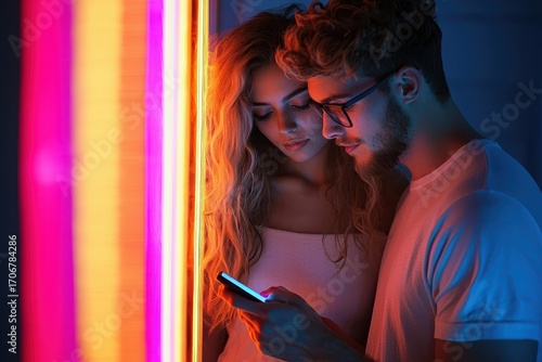 A couple interacts closely in a dimly lit space illuminated by vibrant neon lights, highlighting a moment of connection and intimacy.