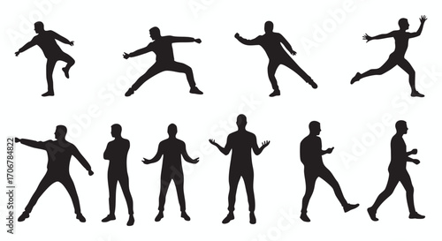 Dynamic silhouette vector illustration showcasing diverse human poses & actions, perfect for graphics, design projects and visual storytelling