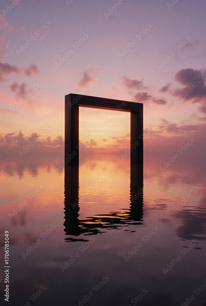 Fototapeta premium ethereal archway standing above calm waters at twilight, a pathway to dreams and tranquil discovery | meditation, fantasy, peace, nature, spirituality theme