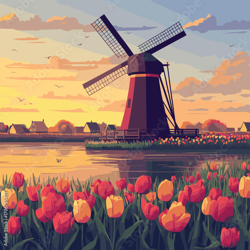 Sunset landscape with traditional Dutch windmill and colorful tulip fields along a canal in the Netherlands countryside , vector style simple color