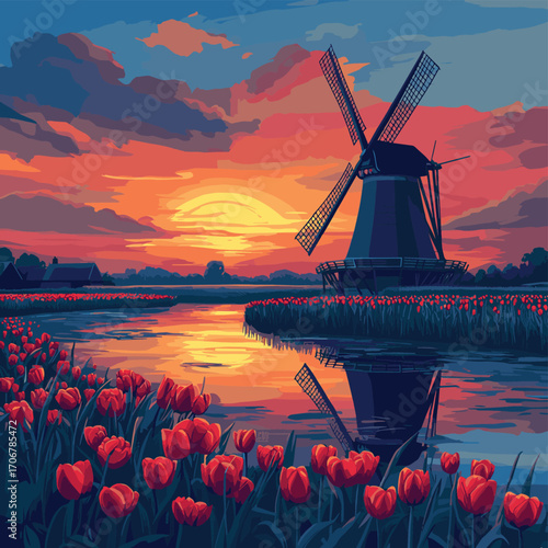 Sunset landscape with traditional Dutch windmill and colorful tulip fields along a canal in the Netherlands countryside , vector style simple color
