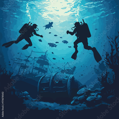 Scuba divers discovering treasure chest and ancient pirate shipwreck underwater with sea turtles and fish , vector style simple color