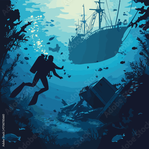 Scuba divers discovering treasure chest and ancient pirate shipwreck underwater with sea turtles and fish , vector style simple color