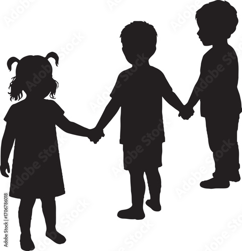 Three Children Holding Hands Silhouettes, Friendship and Childhood Vector