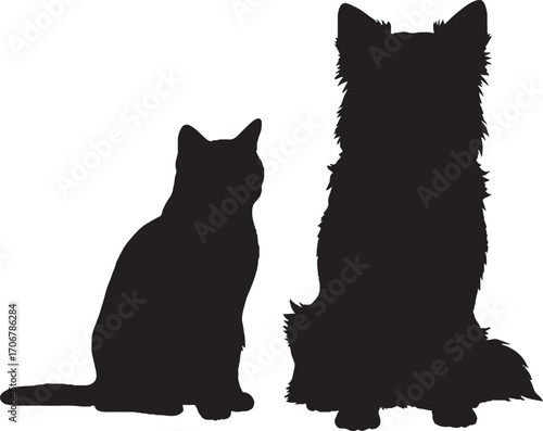 Black Silhouettes of a Sitting Cat and Shaggy Dog Vector Illustration