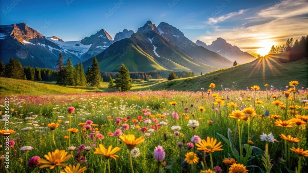 Fototapeta premium Serene Sunset Panorama Vibrant Wildflower Meadow Adorned with Majestic Mountain Peaks at Golden Hour