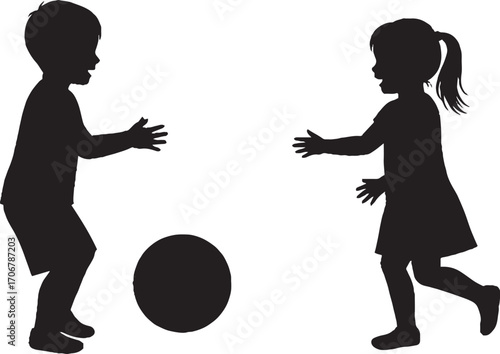 Kids Playing Ball Game Silhouettes, Boy and Girl Fun Activity Vector