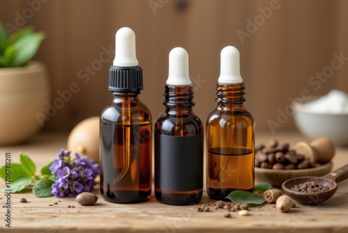 Wallpaper Mural Three amber glass dropper bottles with black labels and white droppers on wooden surface with herbs flowers and spices, natural health herbal medicine concept Torontodigital.ca