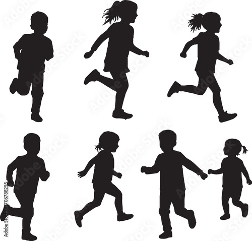 Active Children Silhouettes Running and Playing Vector Set