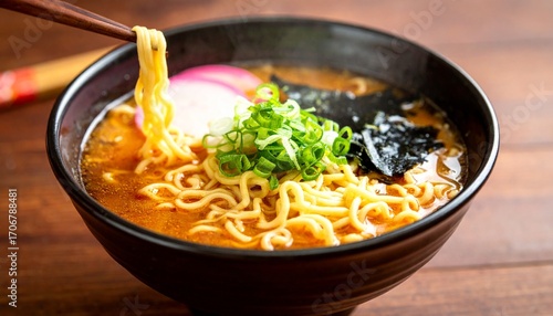 A Delicious Bowl Of Ramen Noodles Savory Broth, Spring Onions, And Nori Seaweed, A Perfect Asian Cuisine Meal With Comprehensive Details And Informative Content For Stock Photography Needs