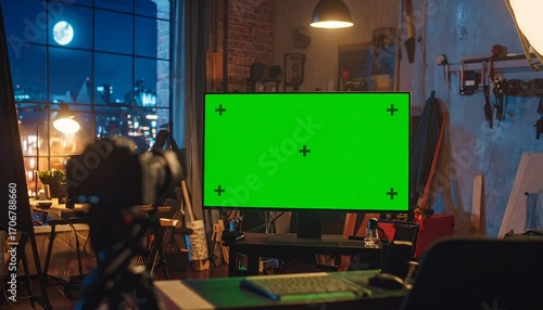A Green Screen Displayed On A Monitor In A Dark Studio With A Nighttime View, Perfect For Content Creation And Video Production, Featuring A Beautiful Moon In The Background.