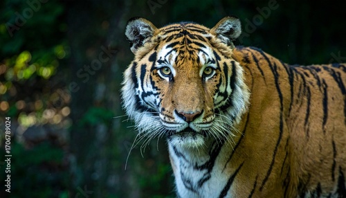 A Majestic Tiger Gazes Directly At The Viewer, Showcasing Striking Details Of Its Fur, Stripes, And Powerful Presence, A Stunning Wildlife Portrait. With Comprehensive Details And