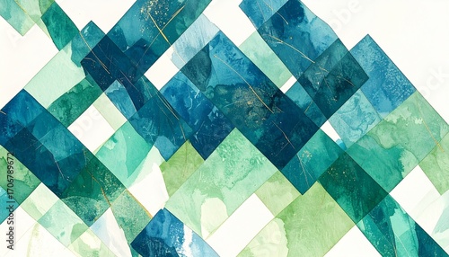 A Stunning Abstract Watercolor Painting Featuring Interlocking Teal And Green Geometric Shapes, Creating A Modern And Elegant Design Perfect For Home Decor And Wall Art.