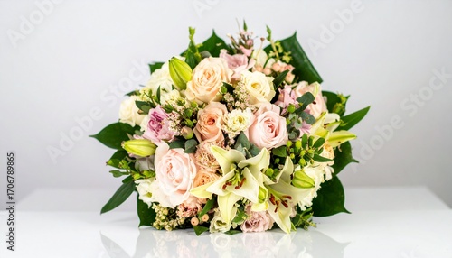 A Stunning Bouquet Of Roses And Lilies Displayed On A White Surface, Showcasing A Beautiful Arrangement For Celebrations And Special Occasions, Featuring A Variety Of Blossoms.