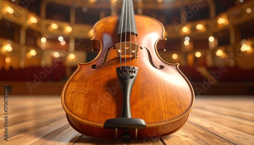 A Stunning Close Up Of A Violin, A Musical Instrument, Set Against A Blurred Theater Background With Warm Lighting, Showcasing Craftsmanship And Classical Music Inspiration.