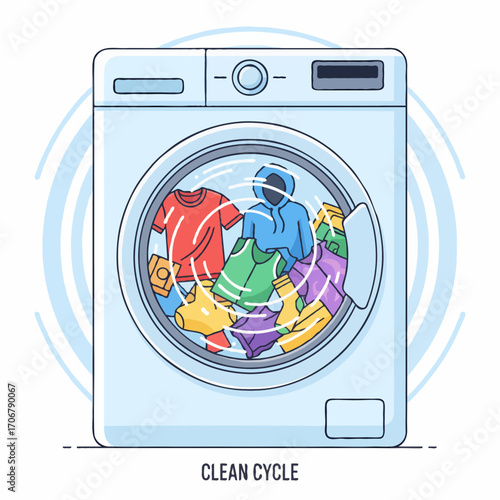 Vector of colorful clothes spinning inside washing machine drum, modern flat style, perfect for laundry service, cleaning ads, and household design.