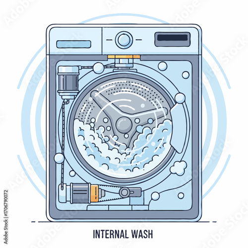 Vector cutaway of washing machine interior with water, soap bubbles, and detergent foam swirling in modern flat clean style.