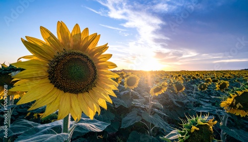 A Beautiful Sunflower Field At Sunset, Capturing The Golden Hour Glow, Showcasing The Vibrant Yellow Petals And Lush Green Foliage, Creating A Serene And Picturesque Agricultural Landscape.