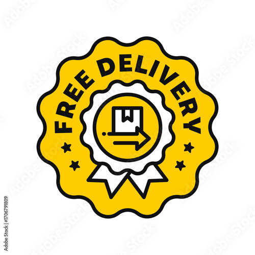 Vector illustration of a yellow free delivery badge icon with ribbon, cardboard box and fast arrow mark symbol. Clean modern flat style design. For cargo shipment service, marketing, logo, label, seal