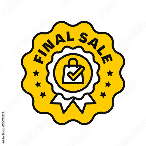 Vector illustration of a yellow final sale badge icon with ribbon, shopping bag with checklist mark symbol. Clean modern flat style design. For product promotion, marketing, logo, label, seal, sign