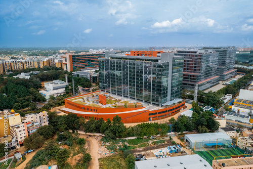 Aerial view of Electronic city home to many technology companies modern buildings in Bengaluru , Karnataka, state, India